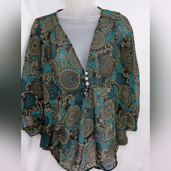 2/$30 Tramp Blue and Brown Asymmetrical Blouse with Notched Collar (#1,072) - Picture 1 of 8